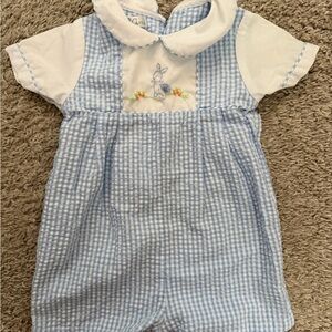 Petit Ami Blue and White Gingham Easter romper